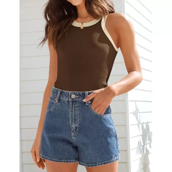 ZESICA Womens 2024 Summer Sleeveless Tank Tops Ribbed High Neck Racerback Slim Fitted Color Block Casual ShirtsBrown