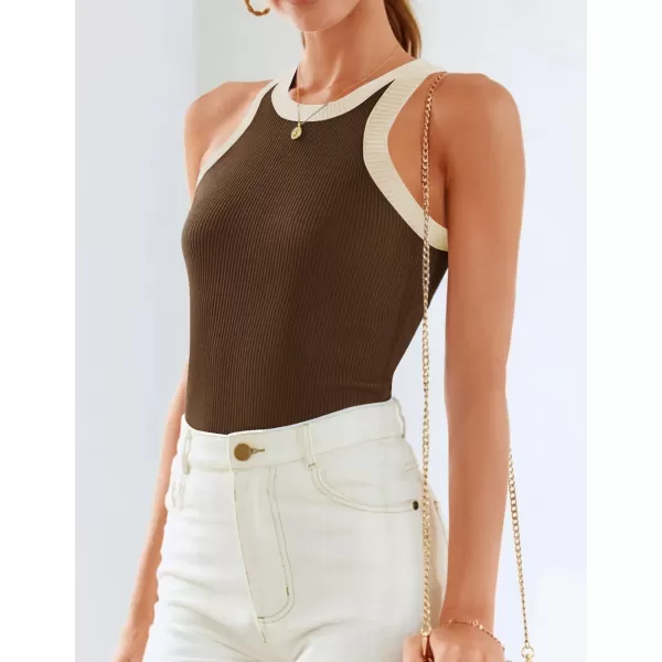 ZESICA Womens 2024 Summer Sleeveless Tank Tops Ribbed High Neck Racerback Slim Fitted Color Block Casual ShirtsBrown