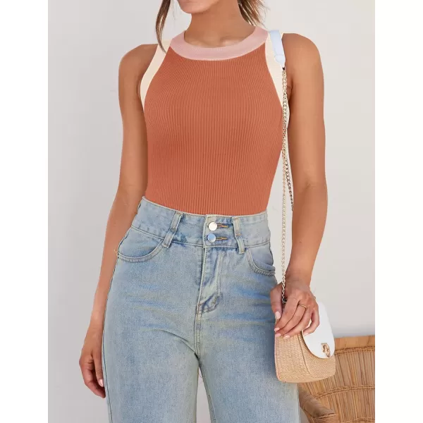 ZESICA Womens 2024 Summer Sleeveless Tank Tops Ribbed High Neck Racerback Slim Fitted Color Block Casual ShirtsCoral