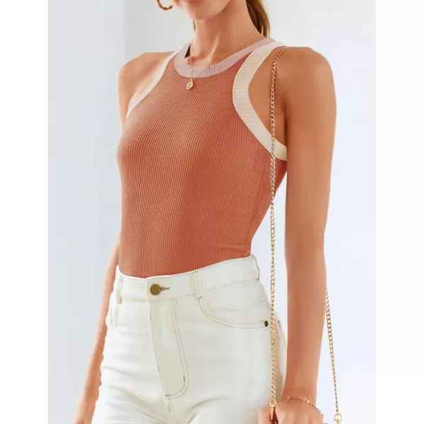ZESICA Womens 2024 Summer Sleeveless Tank Tops Ribbed High Neck Racerback Slim Fitted Color Block Casual ShirtsCoral