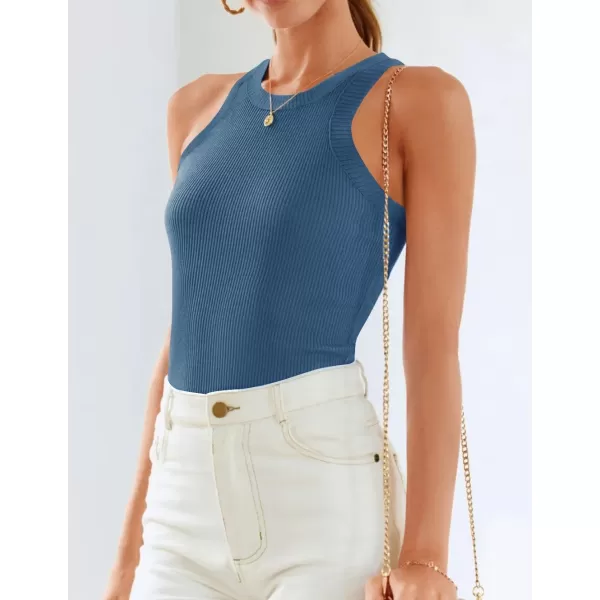 ZESICA Womens 2024 Summer Sleeveless Tank Tops Ribbed High Neck Racerback Slim Fitted Color Block Casual ShirtsDarkblue