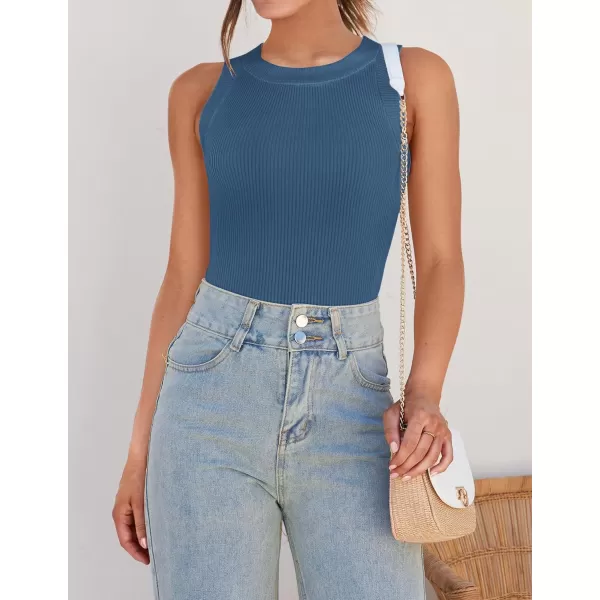ZESICA Womens 2024 Summer Sleeveless Tank Tops Ribbed High Neck Racerback Slim Fitted Color Block Casual ShirtsDarkblue