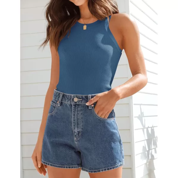 ZESICA Womens 2024 Summer Sleeveless Tank Tops Ribbed High Neck Racerback Slim Fitted Color Block Casual ShirtsDarkblue