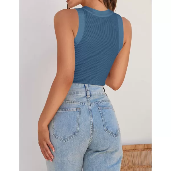 ZESICA Womens 2024 Summer Sleeveless Tank Tops Ribbed High Neck Racerback Slim Fitted Color Block Casual ShirtsDarkblue
