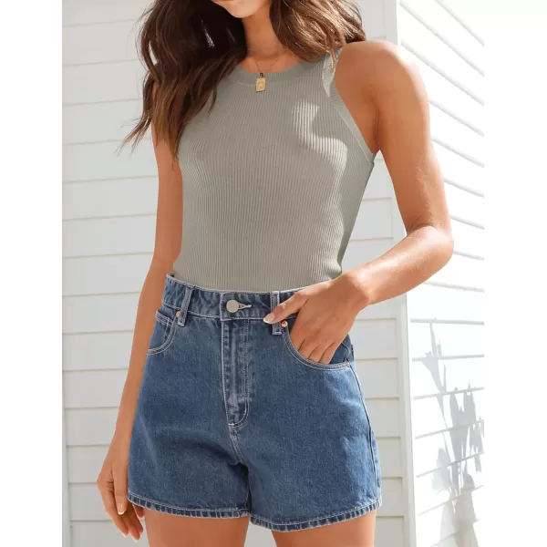 ZESICA Womens 2024 Summer Sleeveless Tank Tops Ribbed High Neck Racerback Slim Fitted Color Block Casual ShirtsFlaxen