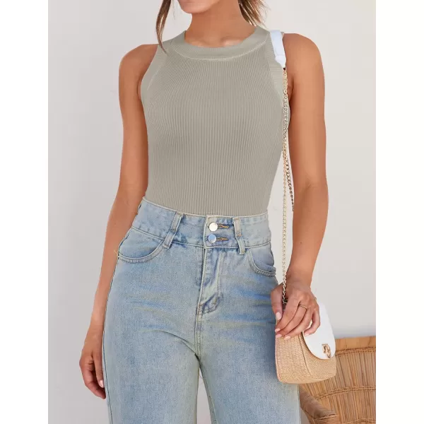 ZESICA Womens 2024 Summer Sleeveless Tank Tops Ribbed High Neck Racerback Slim Fitted Color Block Casual ShirtsFlaxen