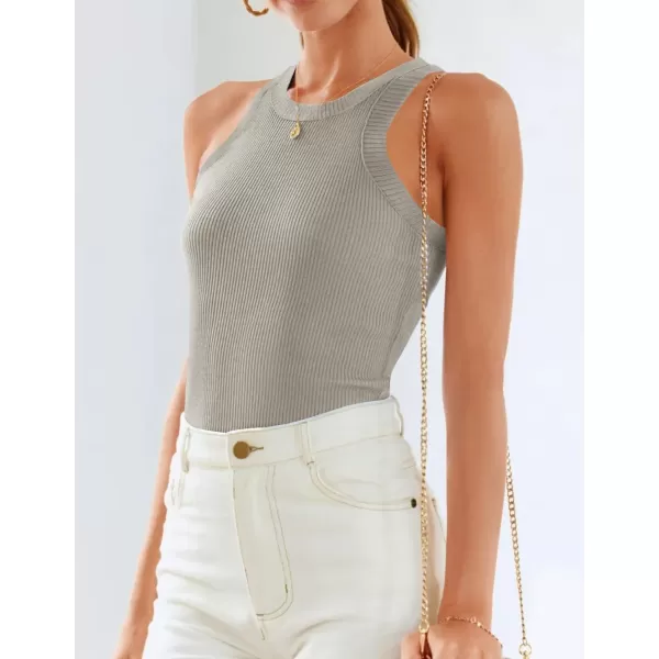 ZESICA Womens 2024 Summer Sleeveless Tank Tops Ribbed High Neck Racerback Slim Fitted Color Block Casual ShirtsFlaxen