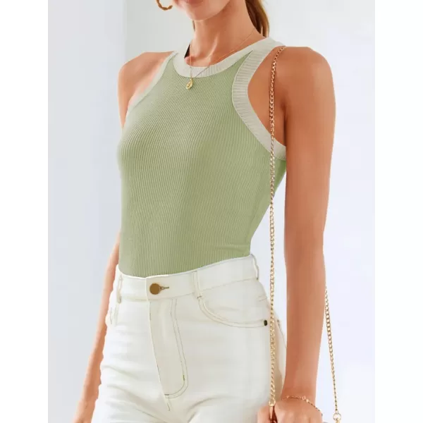 ZESICA Womens 2024 Summer Sleeveless Tank Tops Ribbed High Neck Racerback Slim Fitted Color Block Casual ShirtsGreen