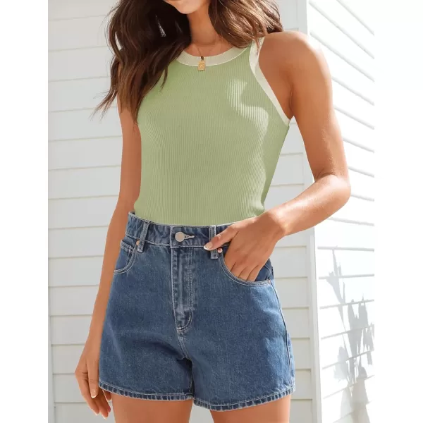 ZESICA Womens 2024 Summer Sleeveless Tank Tops Ribbed High Neck Racerback Slim Fitted Color Block Casual ShirtsGreen