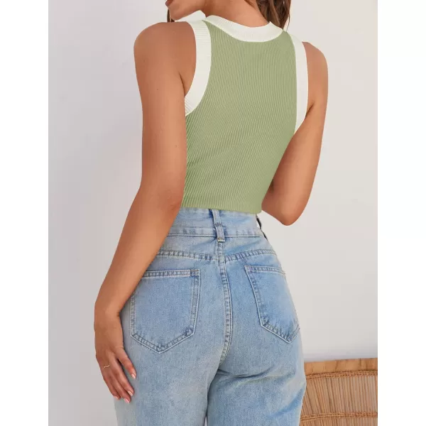 ZESICA Womens 2024 Summer Sleeveless Tank Tops Ribbed High Neck Racerback Slim Fitted Color Block Casual ShirtsGreen