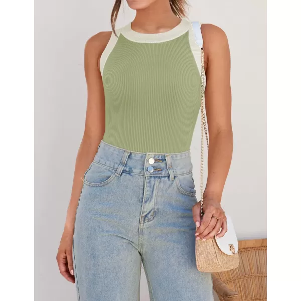 ZESICA Womens 2024 Summer Sleeveless Tank Tops Ribbed High Neck Racerback Slim Fitted Color Block Casual ShirtsGreen