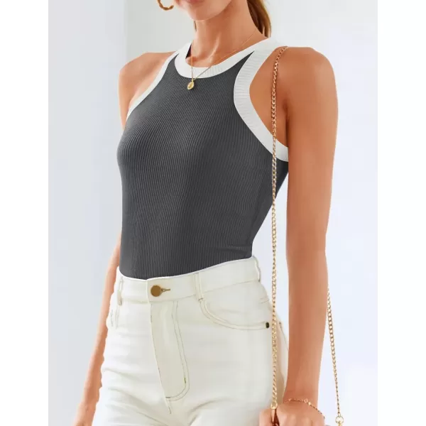 ZESICA Womens 2024 Summer Sleeveless Tank Tops Ribbed High Neck Racerback Slim Fitted Color Block Casual ShirtsGrey
