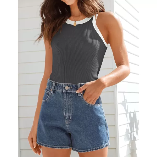 ZESICA Womens 2024 Summer Sleeveless Tank Tops Ribbed High Neck Racerback Slim Fitted Color Block Casual ShirtsGrey