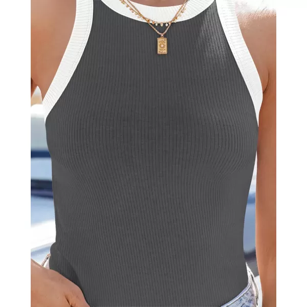 ZESICA Womens 2024 Summer Sleeveless Tank Tops Ribbed High Neck Racerback Slim Fitted Color Block Casual ShirtsGrey