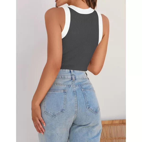ZESICA Womens 2024 Summer Sleeveless Tank Tops Ribbed High Neck Racerback Slim Fitted Color Block Casual ShirtsGrey