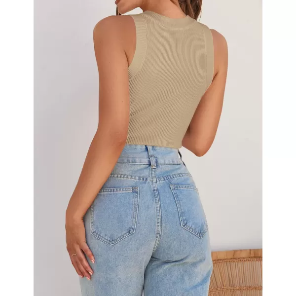ZESICA Womens 2024 Summer Sleeveless Tank Tops Ribbed High Neck Racerback Slim Fitted Color Block Casual ShirtsKhaki