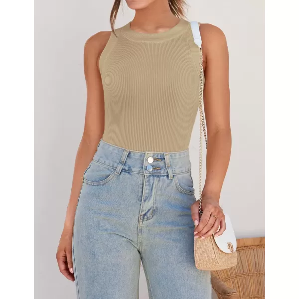 ZESICA Womens 2024 Summer Sleeveless Tank Tops Ribbed High Neck Racerback Slim Fitted Color Block Casual ShirtsKhaki