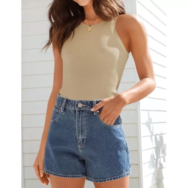 ZESICA Womens 2024 Summer Sleeveless Tank Tops Ribbed High Neck Racerback Slim Fitted Color Block Casual ShirtsKhaki