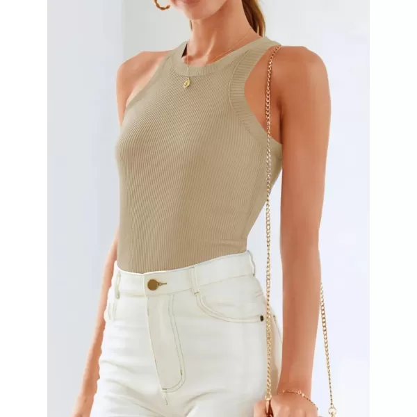 ZESICA Womens 2024 Summer Sleeveless Tank Tops Ribbed High Neck Racerback Slim Fitted Color Block Casual ShirtsKhaki