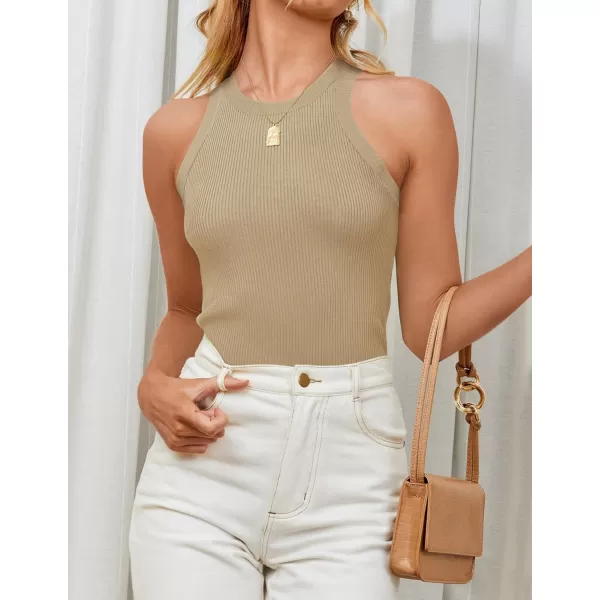 ZESICA Womens 2024 Summer Sleeveless Tank Tops Ribbed High Neck Racerback Slim Fitted Color Block Casual ShirtsKhaki