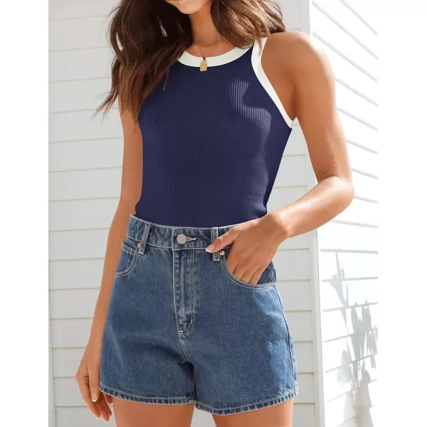 ZESICA Womens 2024 Summer Sleeveless Tank Tops Ribbed High Neck Racerback Slim Fitted Color Block Casual ShirtsNavy