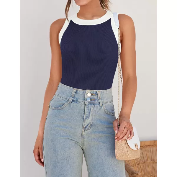 ZESICA Womens 2024 Summer Sleeveless Tank Tops Ribbed High Neck Racerback Slim Fitted Color Block Casual ShirtsNavy