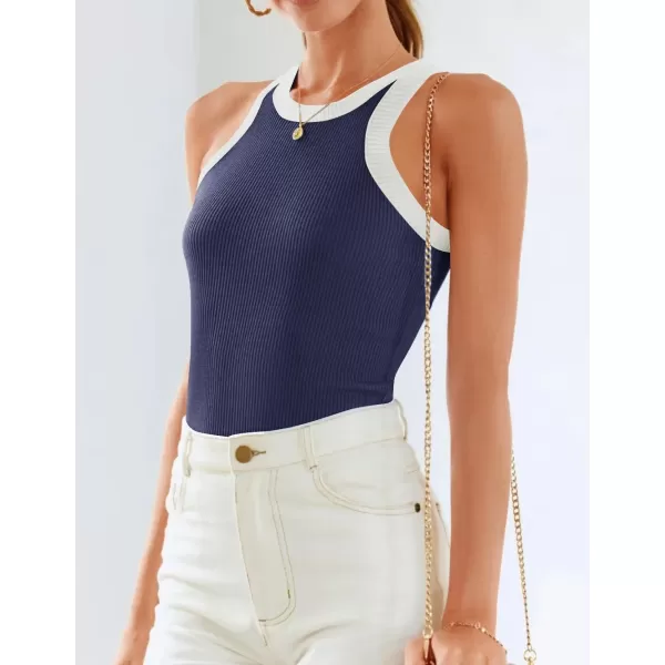 ZESICA Womens 2024 Summer Sleeveless Tank Tops Ribbed High Neck Racerback Slim Fitted Color Block Casual ShirtsNavy