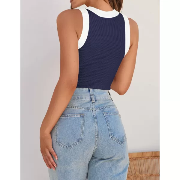 ZESICA Womens 2024 Summer Sleeveless Tank Tops Ribbed High Neck Racerback Slim Fitted Color Block Casual ShirtsNavy