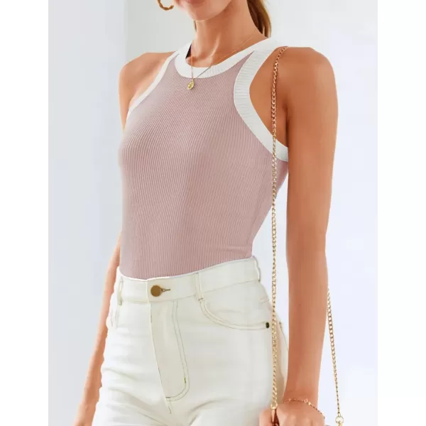 ZESICA Womens 2024 Summer Sleeveless Tank Tops Ribbed High Neck Racerback Slim Fitted Color Block Casual ShirtsPink