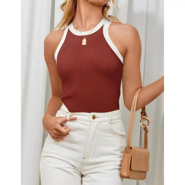 ZESICA Womens 2024 Summer Sleeveless Tank Tops Ribbed High Neck Racerback Slim Fitted Color Block Casual ShirtsRed