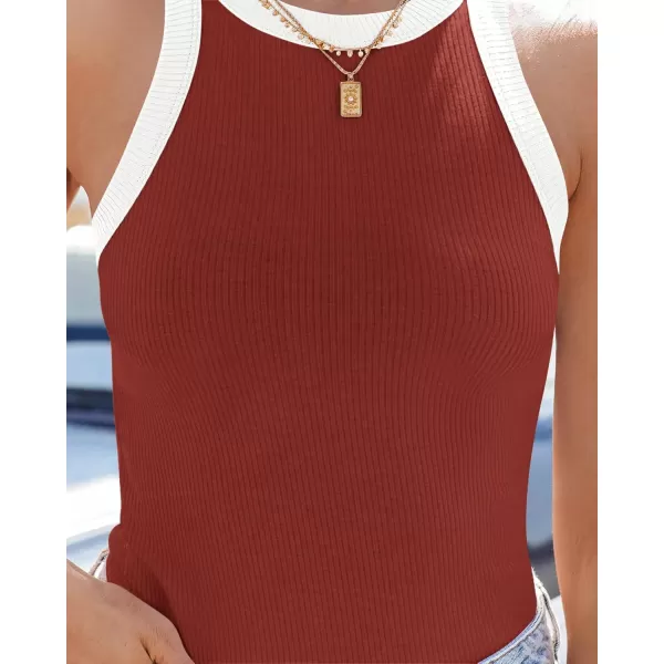 ZESICA Womens 2024 Summer Sleeveless Tank Tops Ribbed High Neck Racerback Slim Fitted Color Block Casual ShirtsRed