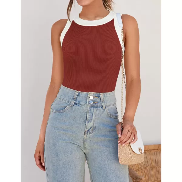 ZESICA Womens 2024 Summer Sleeveless Tank Tops Ribbed High Neck Racerback Slim Fitted Color Block Casual ShirtsRed
