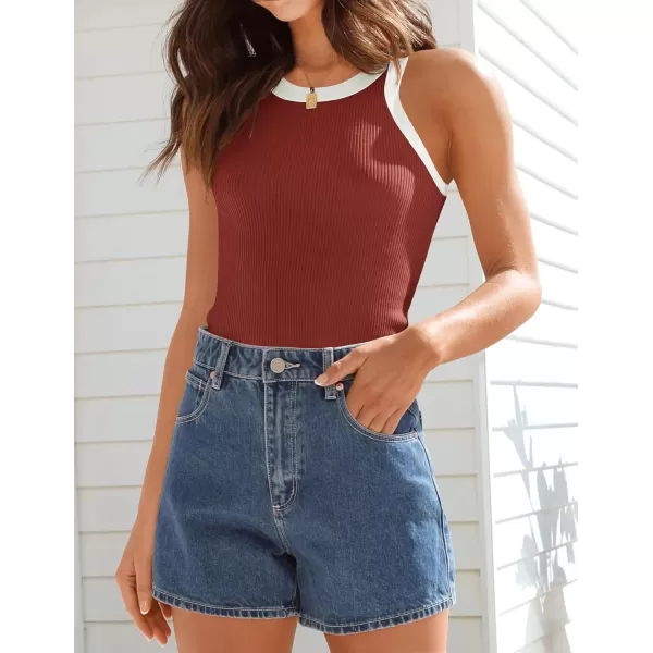 ZESICA Womens 2024 Summer Sleeveless Tank Tops Ribbed High Neck Racerback Slim Fitted Color Block Casual ShirtsRed