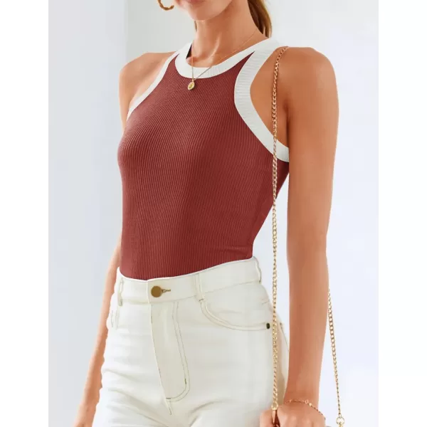 ZESICA Womens 2024 Summer Sleeveless Tank Tops Ribbed High Neck Racerback Slim Fitted Color Block Casual ShirtsRed