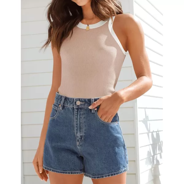 ZESICA Womens 2024 Summer Sleeveless Tank Tops Ribbed High Neck Racerback Slim Fitted Color Block Casual ShirtsSand