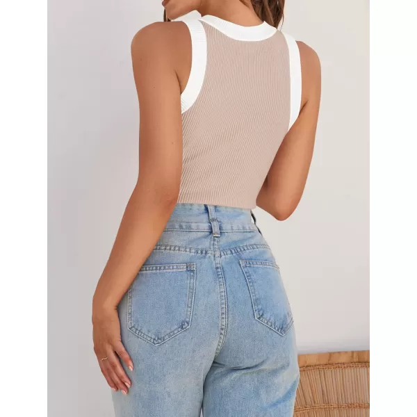 ZESICA Womens 2024 Summer Sleeveless Tank Tops Ribbed High Neck Racerback Slim Fitted Color Block Casual ShirtsSand