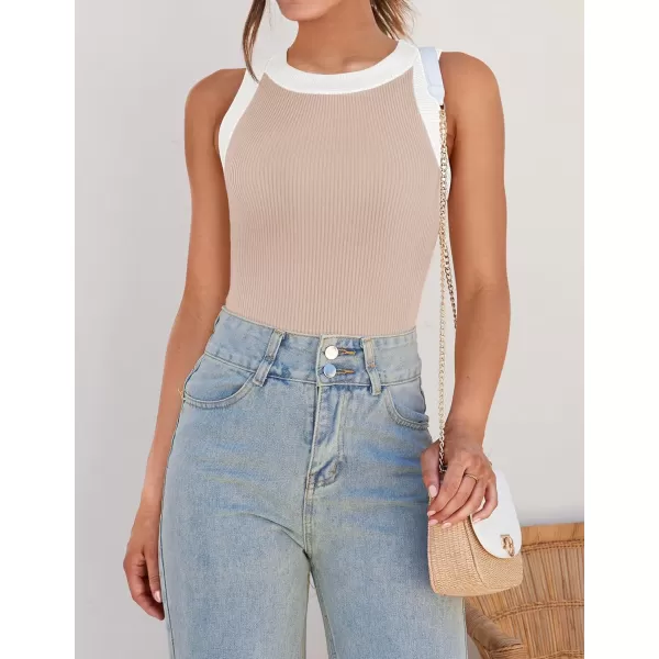 ZESICA Womens 2024 Summer Sleeveless Tank Tops Ribbed High Neck Racerback Slim Fitted Color Block Casual ShirtsSand