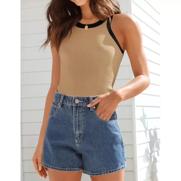 ZESICA Womens 2024 Summer Sleeveless Tank Tops Ribbed High Neck Racerback Slim Fitted Color Block Casual ShirtsToffee