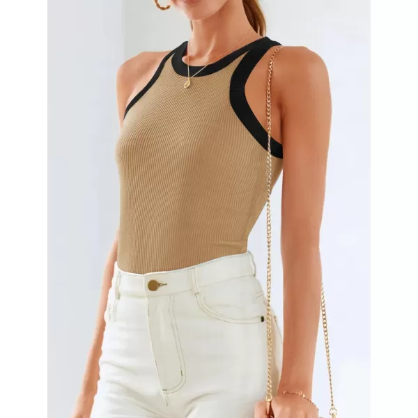 ZESICA Womens 2024 Summer Sleeveless Tank Tops Ribbed High Neck Racerback Slim Fitted Color Block Casual ShirtsToffee