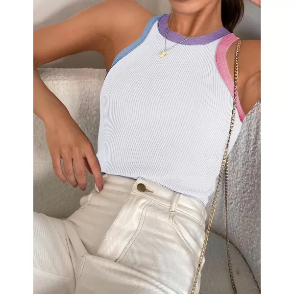 ZESICA Womens 2024 Summer Sleeveless Tank Tops Ribbed High Neck Racerback Slim Fitted Color Block Casual ShirtsWhite