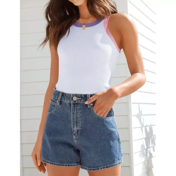 ZESICA Womens 2024 Summer Sleeveless Tank Tops Ribbed High Neck Racerback Slim Fitted Color Block Casual ShirtsWhite
