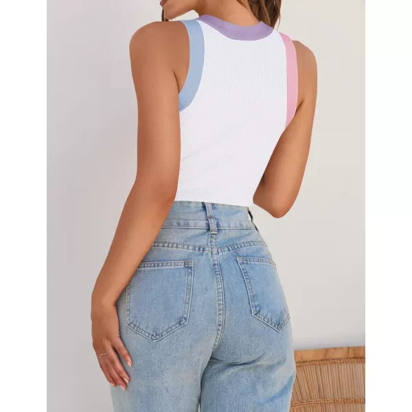 ZESICA Womens 2024 Summer Sleeveless Tank Tops Ribbed High Neck Racerback Slim Fitted Color Block Casual ShirtsWhite