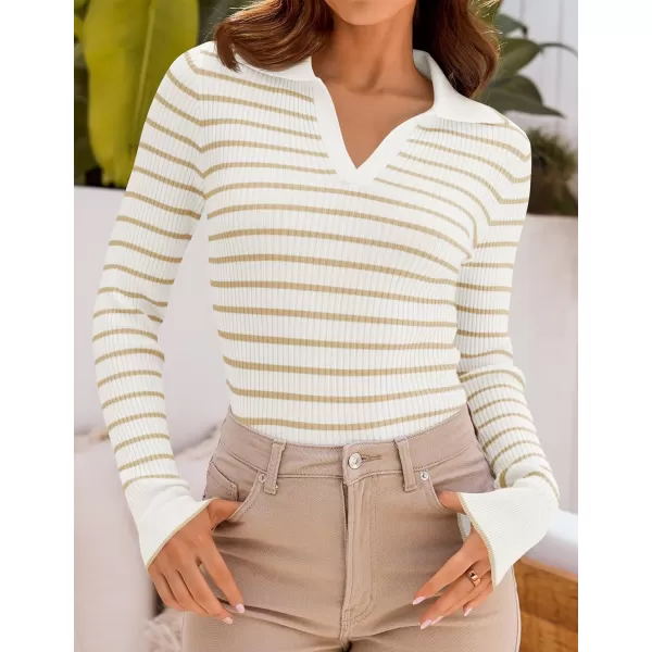 ZESICA Womens Long Sleeve V Neck Knit Tops 2024 Fall Striped Sweater Slim Fit Casual Basic Tee TopsApricot