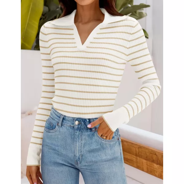 ZESICA Womens Long Sleeve V Neck Knit Tops 2024 Fall Striped Sweater Slim Fit Casual Basic Tee TopsApricot