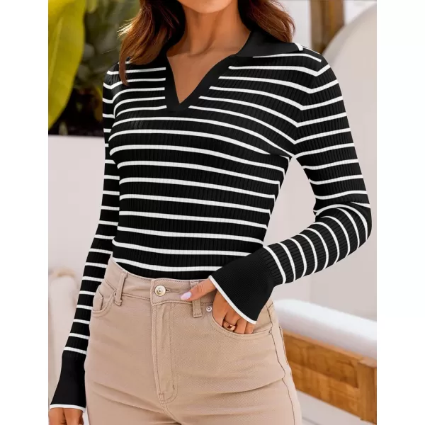 ZESICA Womens Long Sleeve V Neck Knit Tops 2024 Fall Striped Sweater Slim Fit Casual Basic Tee TopsBlack