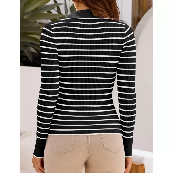 ZESICA Womens Long Sleeve V Neck Knit Tops 2024 Fall Striped Sweater Slim Fit Casual Basic Tee TopsBlack