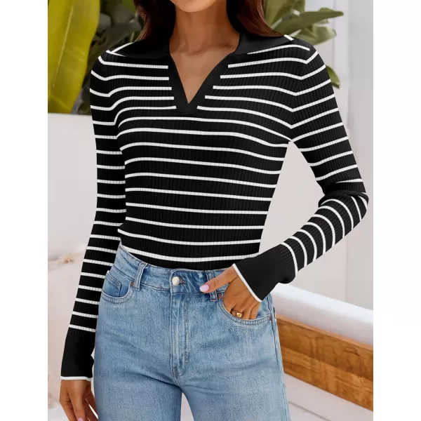 ZESICA Womens Long Sleeve V Neck Knit Tops 2024 Fall Striped Sweater Slim Fit Casual Basic Tee TopsBlack