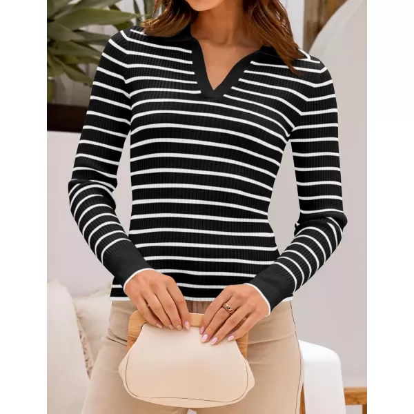 ZESICA Womens Long Sleeve V Neck Knit Tops 2024 Fall Striped Sweater Slim Fit Casual Basic Tee TopsBlack