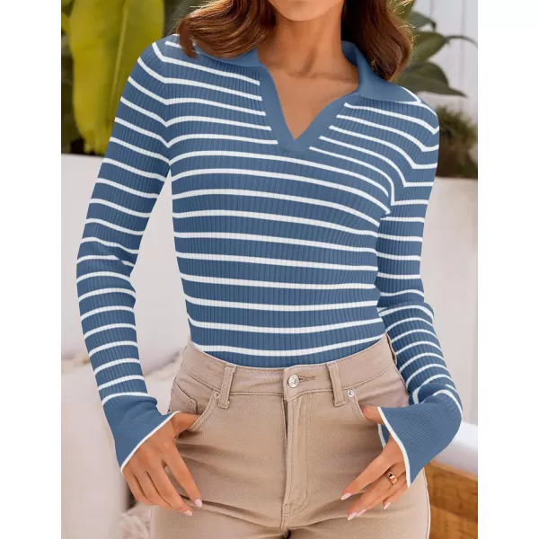 ZESICA Womens Long Sleeve V Neck Knit Tops 2024 Fall Striped Sweater Slim Fit Casual Basic Tee TopsBlue