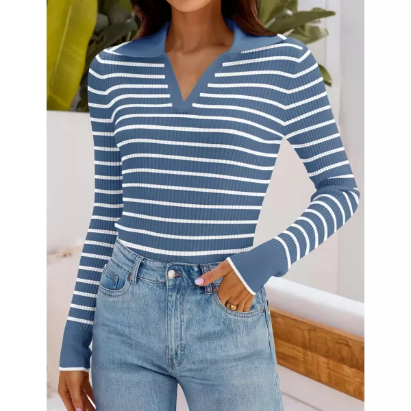 ZESICA Womens Long Sleeve V Neck Knit Tops 2024 Fall Striped Sweater Slim Fit Casual Basic Tee TopsBlue